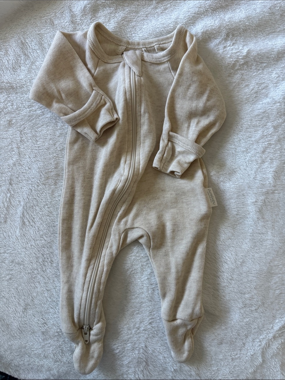 Purebaby Beige Footed One-Piece Zipper Romper